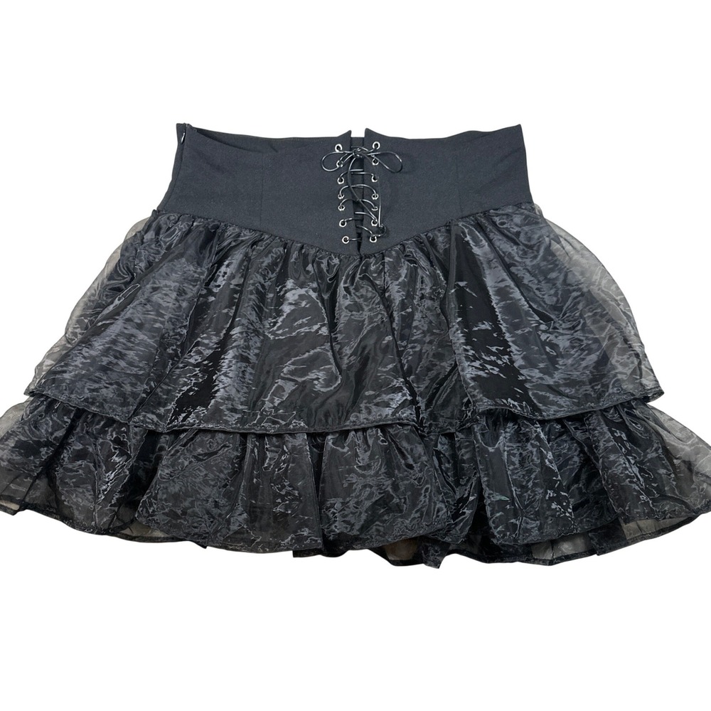 Black Tiered Ruffle Mini Skirt Lace Up Front Goth Alt XL Whimsigoth witchy